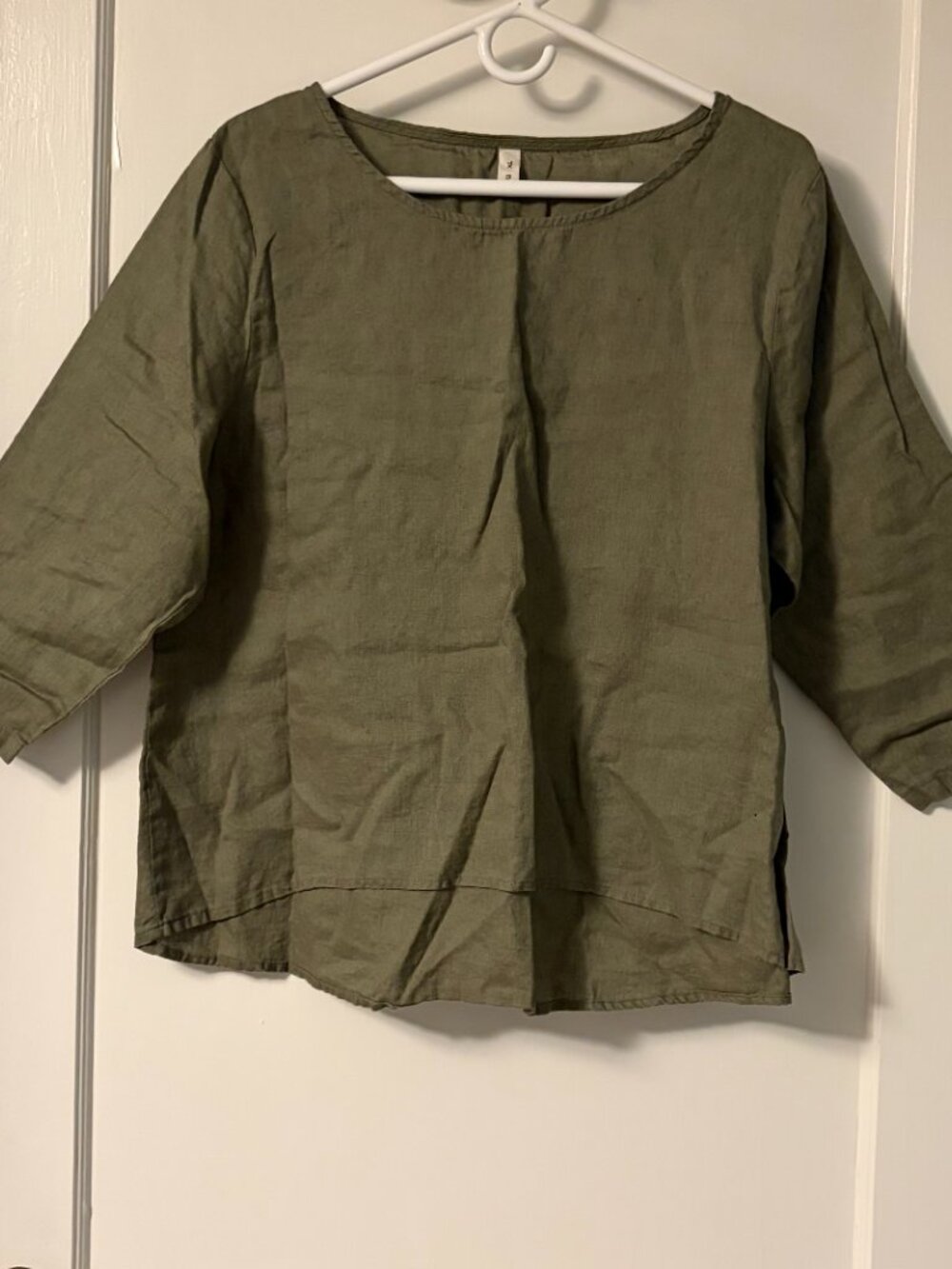 Amazhiyu 100% linen blouse 3/4 sleeve olive green size XL lagenlook minimalist